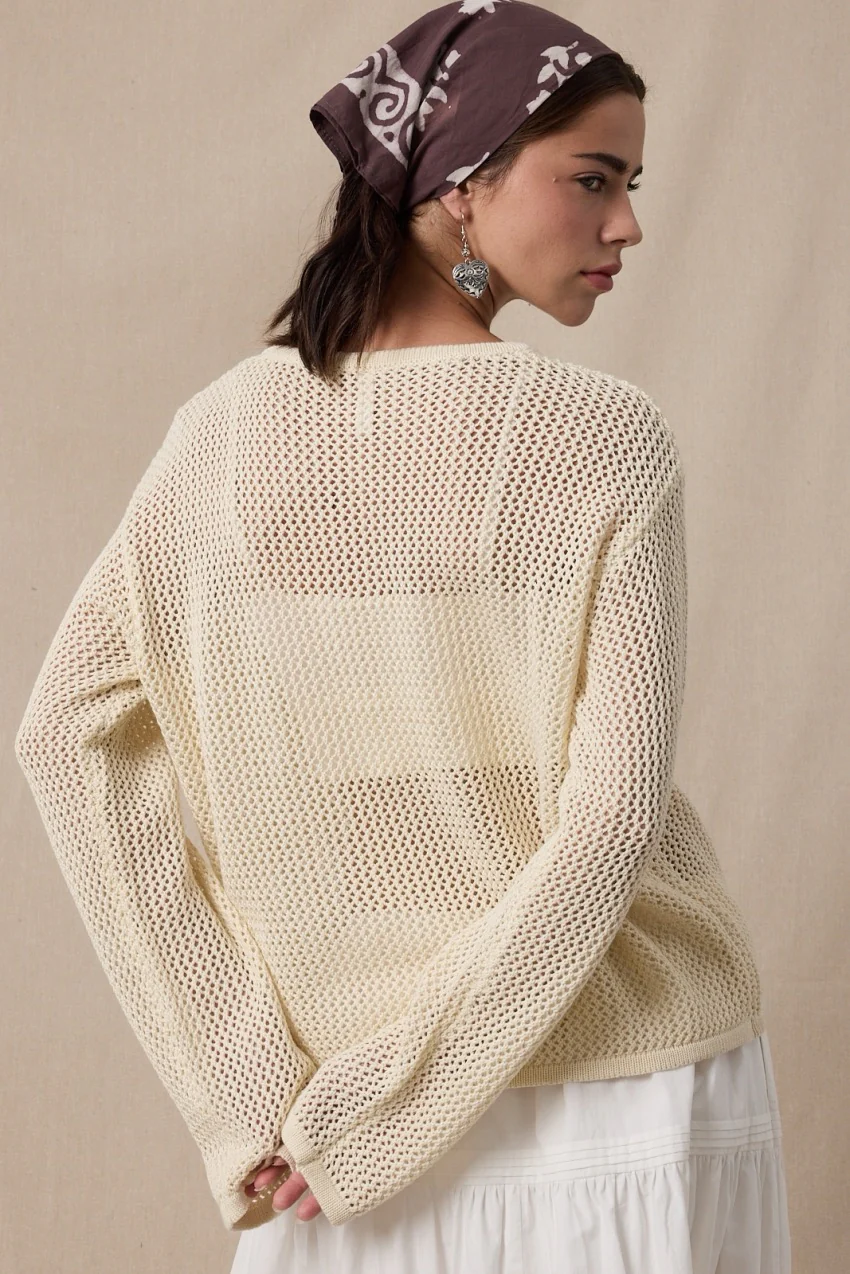 Fish Trio Open-Knit Sweater Natural/Navy - Image 3