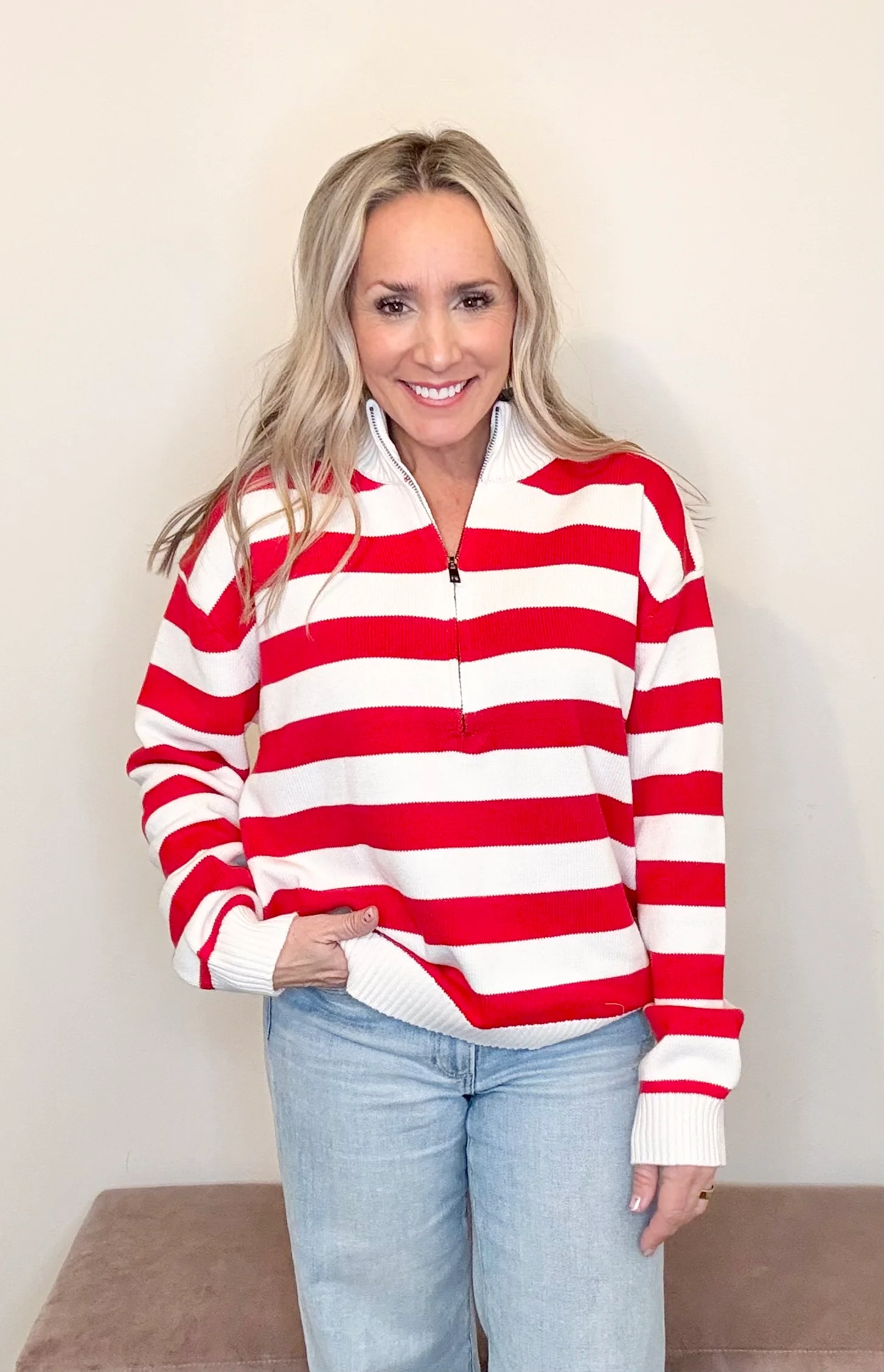 Striped Half-Zip Sweater Red/White - Image 4