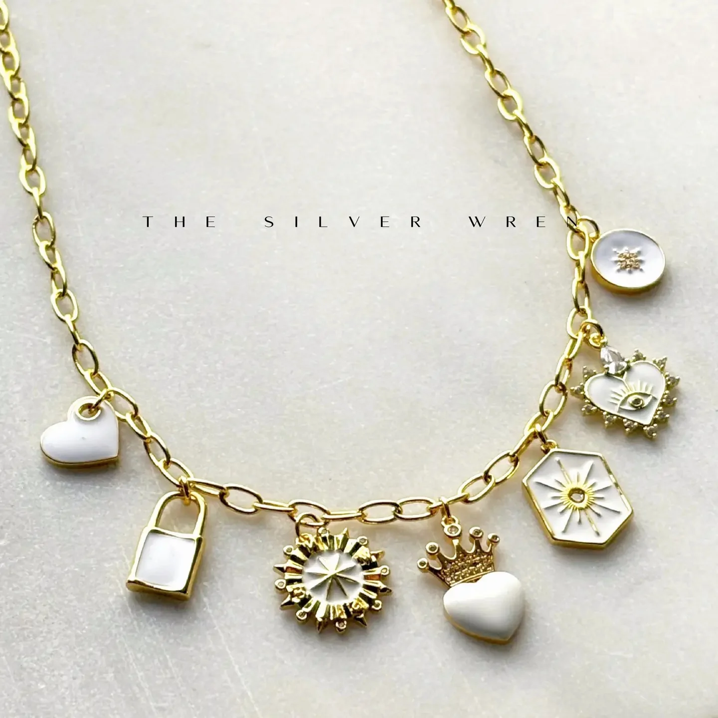 White Multi Charm Necklace 17" - Image 3